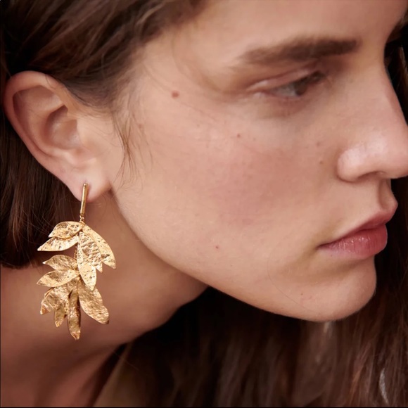 Golden Metal Leaves Statement Earrings - Picture 4 of 7
